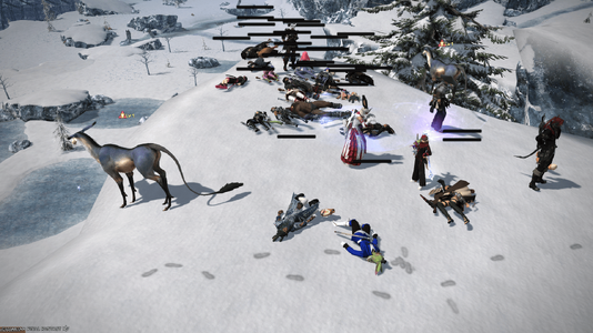 A screenshot of a group of players in Coerthas. Most of them are dead. Two nameless lvl 1 mobs using the antelope deer model wander through the bodies.