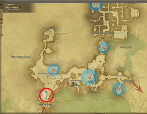 Map of Outer La Noscea with a red circle showing where pterocs are located.